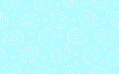 Decorated linear seamless pattern with Easter eggs. Egg in flat hand drawn style on blue color background. Festive traditional meal decorated eggs. Vector illustration