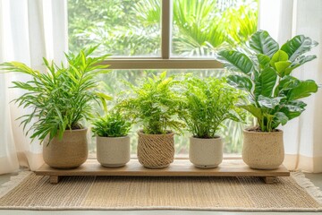 Eco Friendly Spring Decor Featuring Natural Houseplants Arranged by a Window With Vibrant Greenery for a Fresh Atmosphere