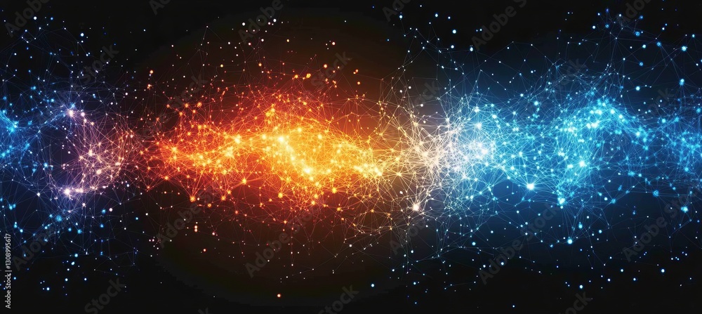 Poster symmetrical network of glowing lines and geometric pathways, technical design background