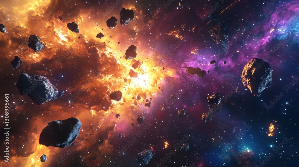 Poster a dynamic depiction of an asteroid field scattered across a glowing nebula, captured in a vibrant, c