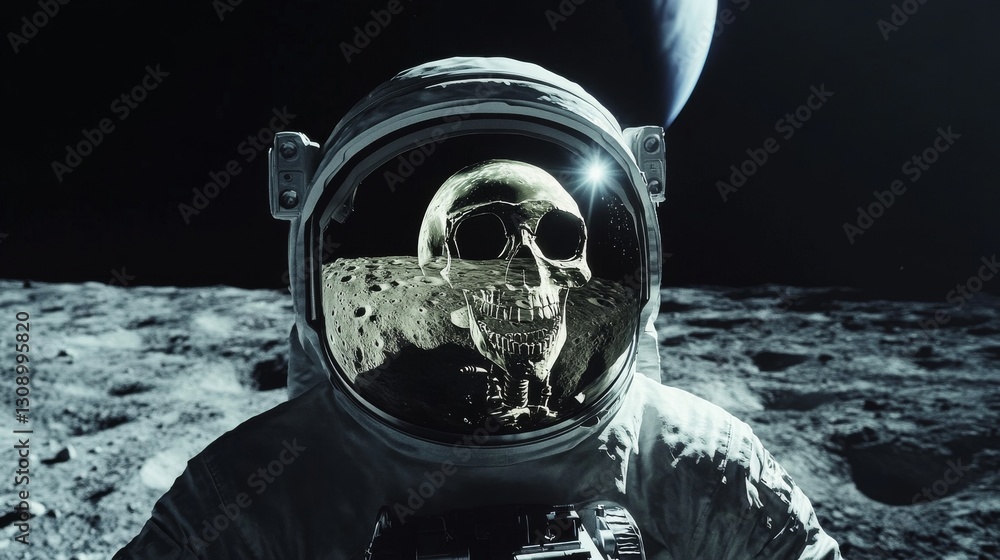Poster a striking image of an astronaut standing on the moon with a chilling reflection of a skull in the v