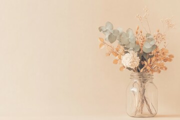 Beautiful Eco Friendly Spring Decor Featuring Dried Flowers in a Glass Jar on a Soft Pastel Background