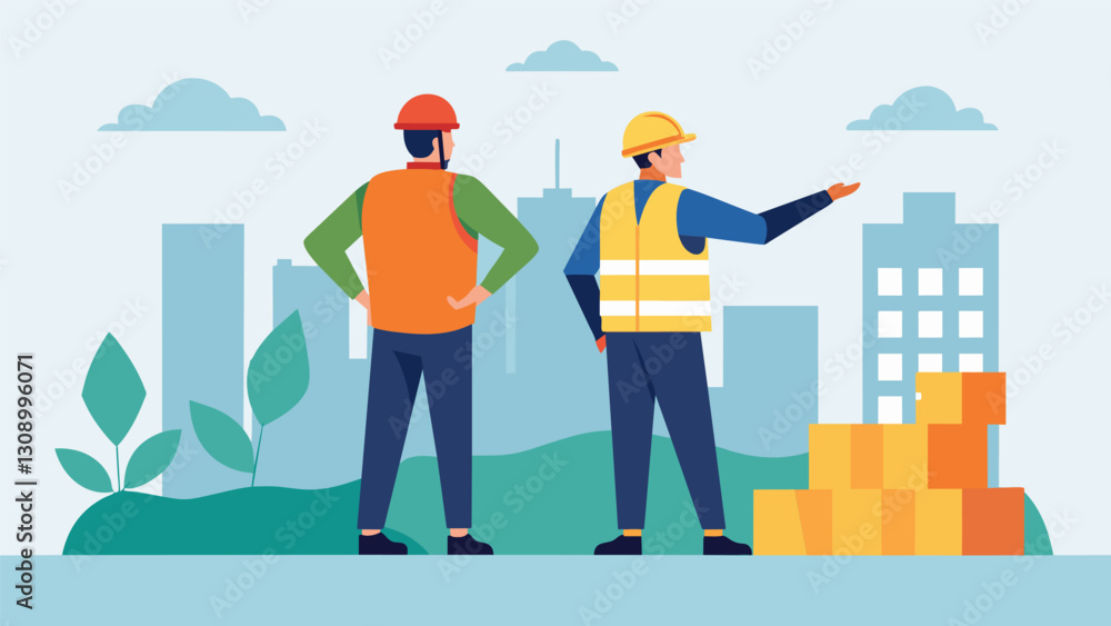 Poster two builders standing at the edge of a construction site pointing at completed sections and planning