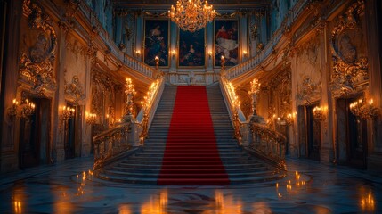 Obraz premium Elegant Royal Hallway: A Grand Staircase in a Luxurious Palace at Night