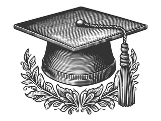 mortarboard traditional graduation cap with tassel, surrounded by laurel leaves, symbolizing academic achievement and success sketch engraving generative ai vector illustration. Black and white.
