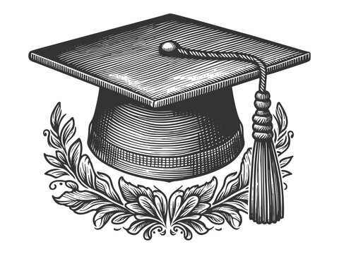 mortarboard traditional graduation cap with tassel, surrounded by laurel leaves, symbolizing academic achievement and success sketch engraving generative ai vector illustration. Black and white.