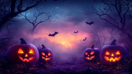 Kid-Friendly Halloween Scene: Carved Pumpkins and Spooky Atmosphere with Space for Text