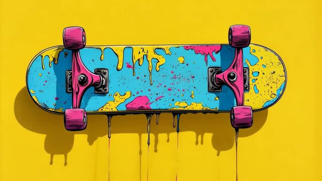 Skateboard with paint splatters on it. The skateboard is yellow and blue. The paint splatters give the skateboard a messy and colorful appearance