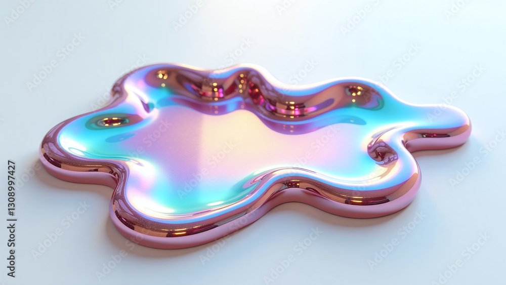 Poster iridescent metal object appears glowing fluid shape cut white background sharp edges otherworldly
