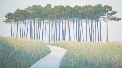 Serene Pathway Through Lush Green Grass and Tall Trees