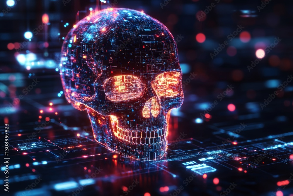 Poster abstract digital skull background illustrating cyber security concepts and data flow in 3d