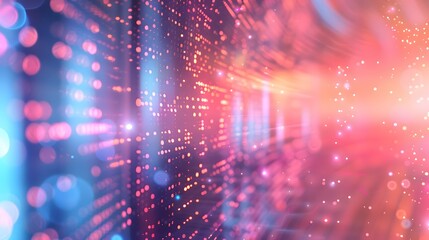 Glowing dots and streaks of blue, pink, and orange create a futuristic digital matrix, evoking a cyberpunk atmosphere.