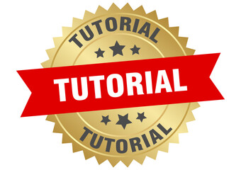 tutorial. tutorial round red and gold label isolated on transparent background