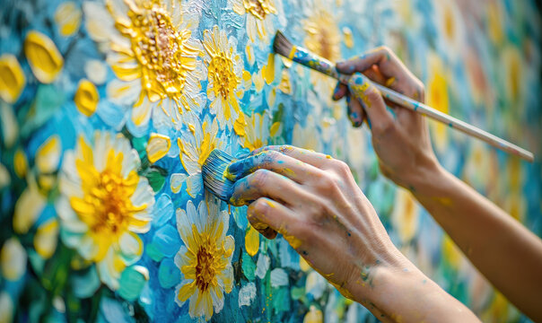 Close up of hands painting vibrant mural with flowers and colors