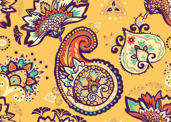 Seamless paisley pattern in Oriental style with floral and ethnic motifs for printed fabric, wallpaper, and packaging