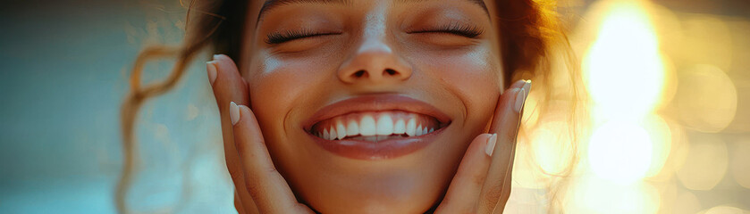 Fototapeta premium Smiling woman with glowing skin enjoying moment of happiness outdoors