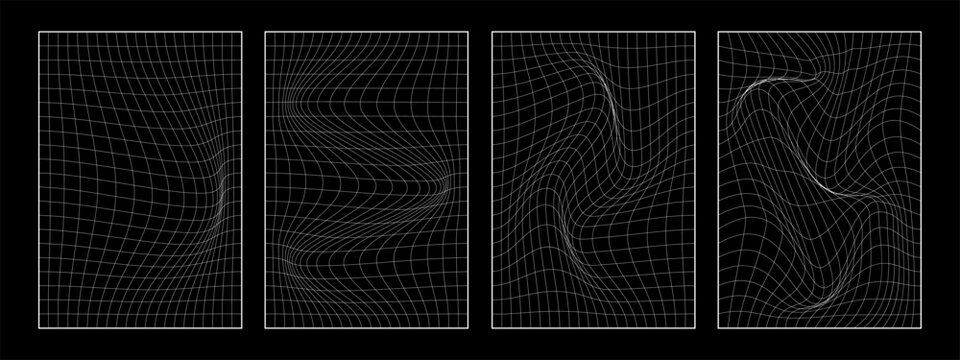 Set of distorted vertical grid pattern, flower text pattern. Y2K Retrowave shapes, geometry wireframe grid backgrounds in neon white color. Retro isolated 1980s, 90s, 2000s style. Print, banner.