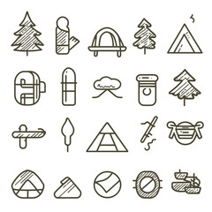 Camping Icon Set: Trees, Tent, Backpack, Campfire, Nature Adventure