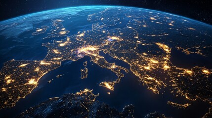 A beautiful aerial view of Europe from space at night, showcasing the illuminated city lights that highlight major cities and regions. The Earth's curvature and the vibrant glow create a captivating