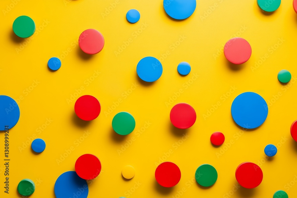 Poster playful pop art inspired abstract pattern with colorful polka dots on vibrant yellow background
