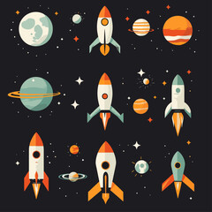 Retro Space Illustration with Rockets, Planets and Stars over Black