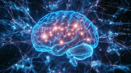 A bright blue glowing brain with illuminated synapses and neural pathways, showcasing a futuristic visualization of the human mind, set against a network of neural connections.. AI Generation
