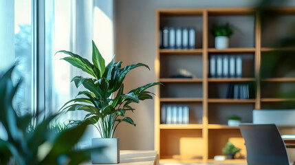A zoom background photo of a minimalist modern office with a bookshelf and plants