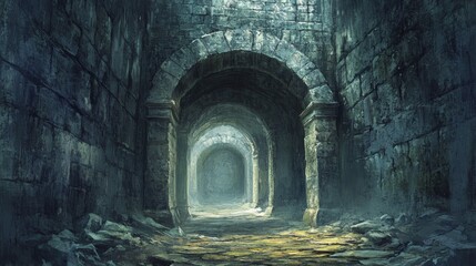 Fototapeta premium A gloomy stone tunnel with crumbling walls leads through an archway into the distance. The image conveys a sense of abandonment and mystery, making it perfect for themes of exploration or fantasy.. AI