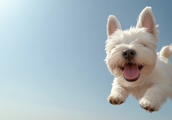 Happy White Dog Joyfully Leaping Against a Clear Blue Sky