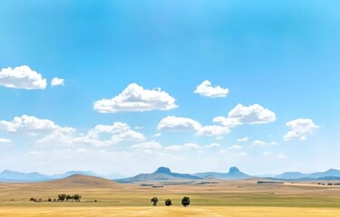 Fototapeta premium Serene Landscape with Blue Sky and Soft White Clouds over Mountains