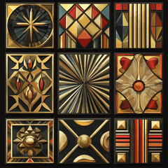 Geometric Art Deco Panel Set in Gold, Bronze, and Red Tones
