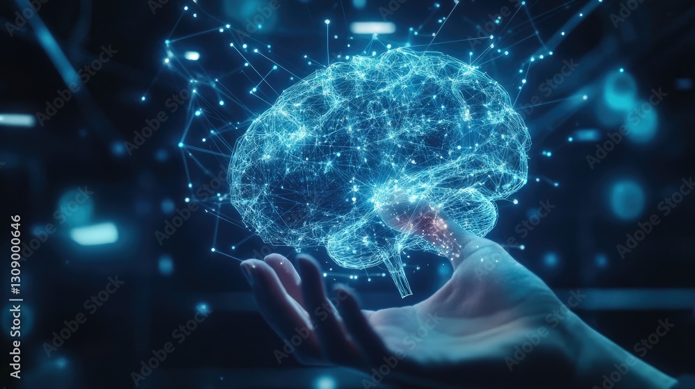 Poster digital brain in hand, exploring the neural networks