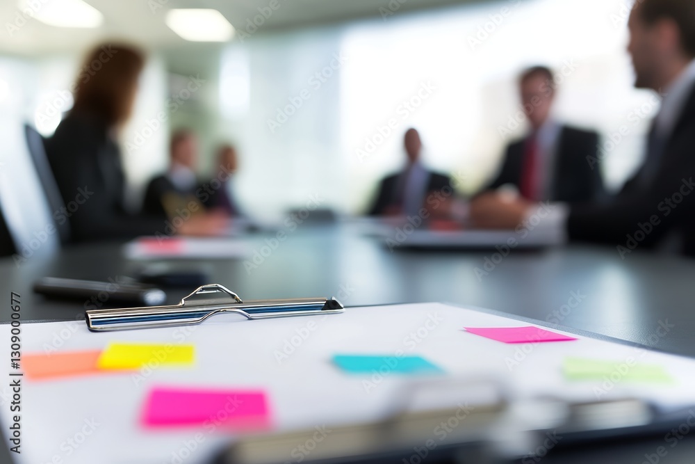 Poster dynamic workshop scene engaging business discussion around a conference table with sticky notes