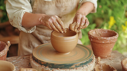 Pottery-making in progress, artisan shaping clay, textured close-up shot
