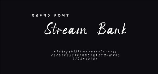 Lettering font isolated on black background. Texture alphabet in street art and graffiti style. Grunge and dirty effect.  Vector brush letters.