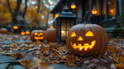 Obraz premium Festive Halloween Jack O' Lanterns on Front Porch: Seasonal Home Decor
