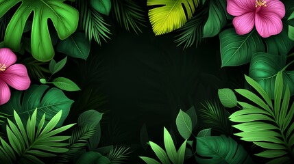 Vibrant Pink Hibiscus and Lush Green Tropical Leaves Frame Dark Background