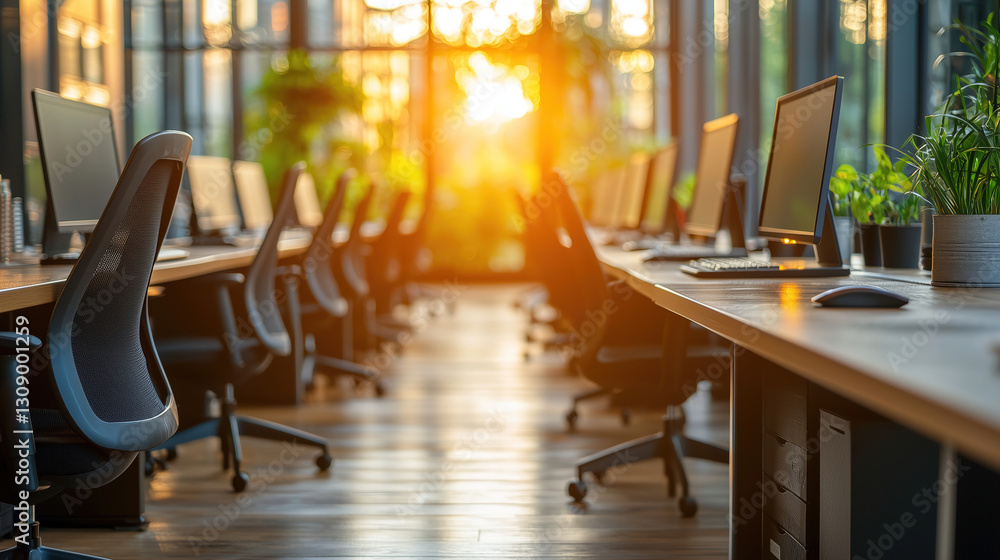 Poster sunset light illuminates modern office space filled with empty desks and greenery in a serene atmosp