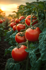 Vibrant tomato harvest at dawn, sun-kissed vine with lush green leaves