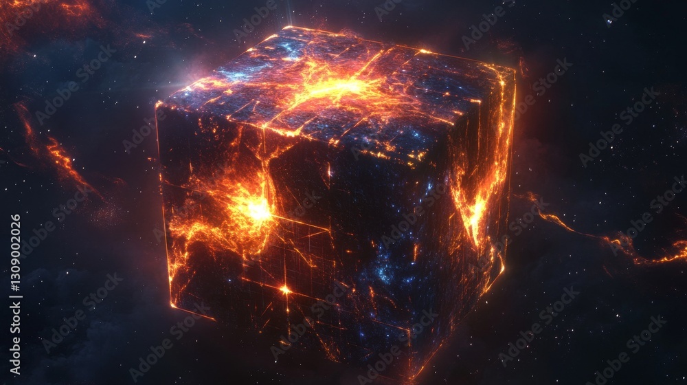 Poster a luminous, fiery cube emits bright energy, floating in the dark void of space. the dynamic lighting