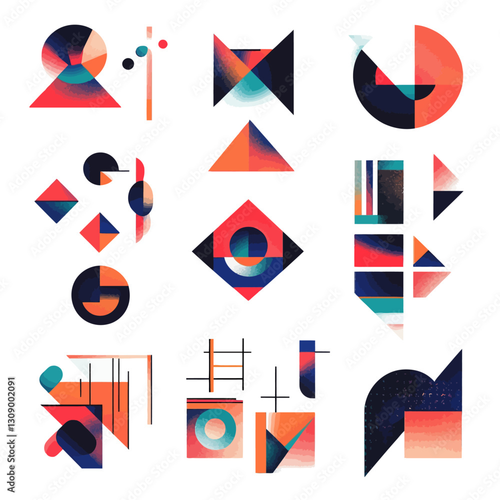 Poster Abstract geometric shapes and patterns in vibrant color palette design.