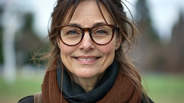 Woman wearing glasses and a brown scarf stands in a park. She has a smile on her face