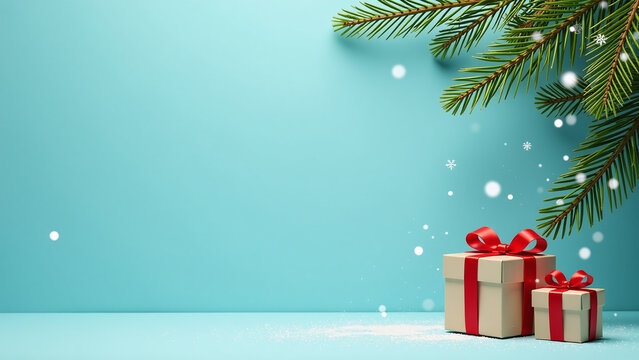 snowflakes fall gently turquoise background adorned fir branches festive gift