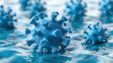 Blue virus-like structures floating in a liquid medium, depicting microscopic views of viral particles in detail. Generative AI
