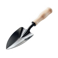 Minimalistic garden trowel with a smooth wooden handle and a polished silver blade, ideal for gardening and planting tasks. Isolated on transparent background, PNG.