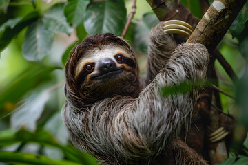Fototapeta premium Captivating Portrayal of a Sloth Hanging Idly in its Lush Rainforest Habitat