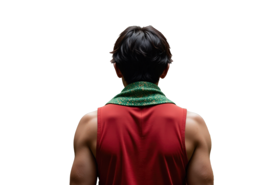 Back View of Person with Dark Hair, Red Tank Top, and Green Floral Scarf, transparent background