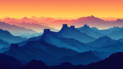 Fototapeta premium A bold and simple silhouette of the Great Wall of China, framed by a vast landscape of distant mountains, with a smooth gradient sky transitioning from deep blue to warm orange as the sun rises.