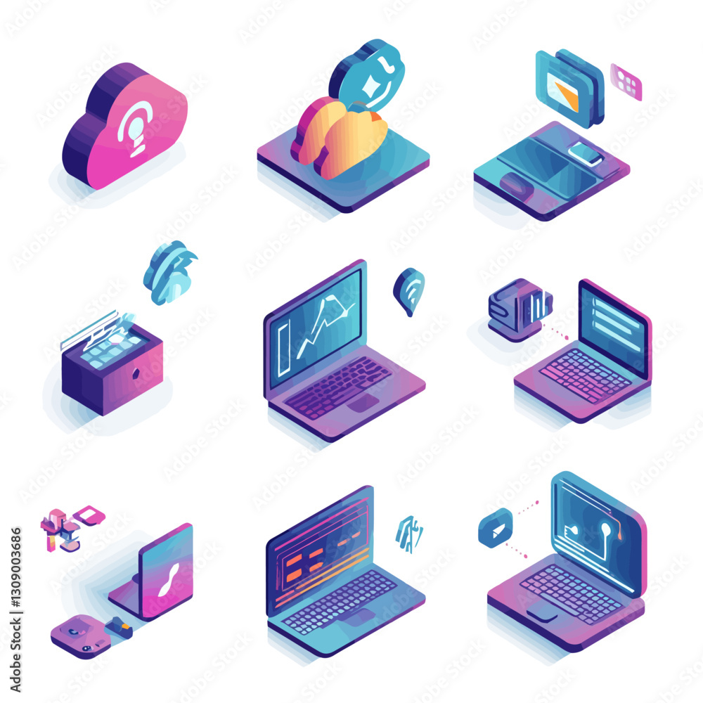 Poster isometric tech illustrations: cloud computing, data analysis, and digital storage