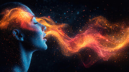 Woman exhaling vibrant colors and cosmic energy in a surreal artistic representation of dreams and imagination. Generative AI